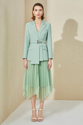 Mint Green V-neck With Pleated Skirt Blazer Skirt Suits - FashionByTeresa